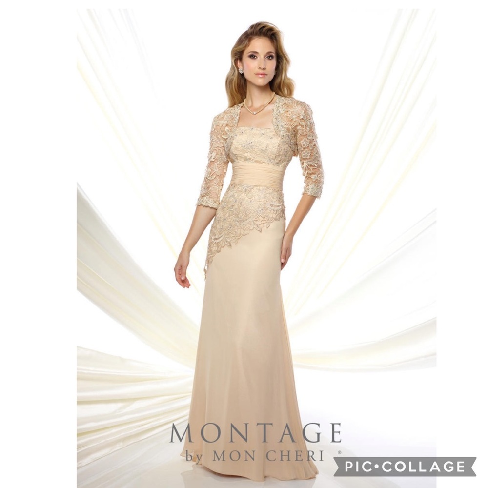 Montage by MonCheri Champagne two PCs lace dress and bolero gown